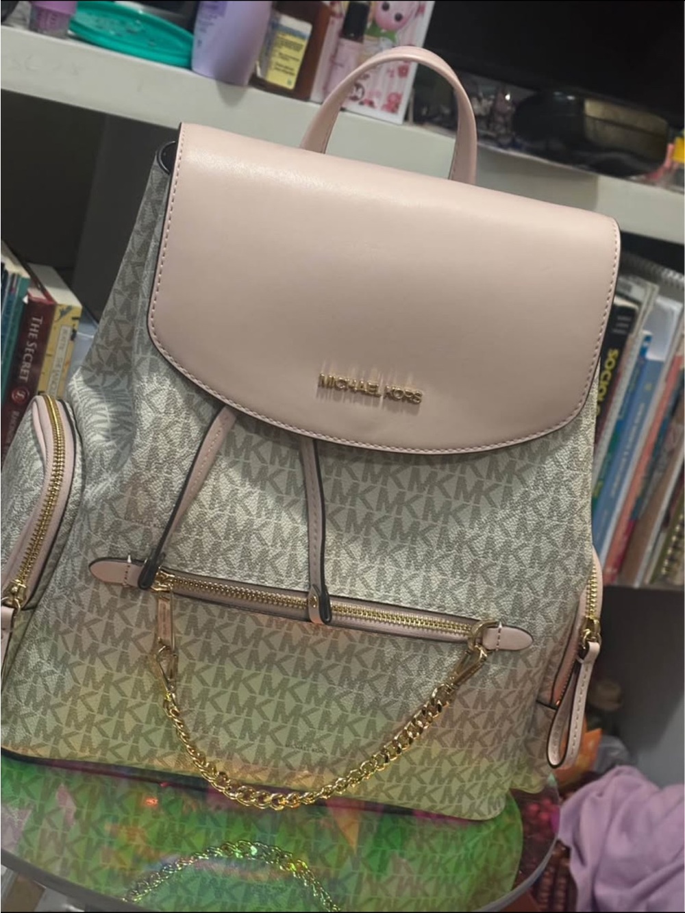 Michael Kors Blush Pink Logo Backpack with Gold Chain